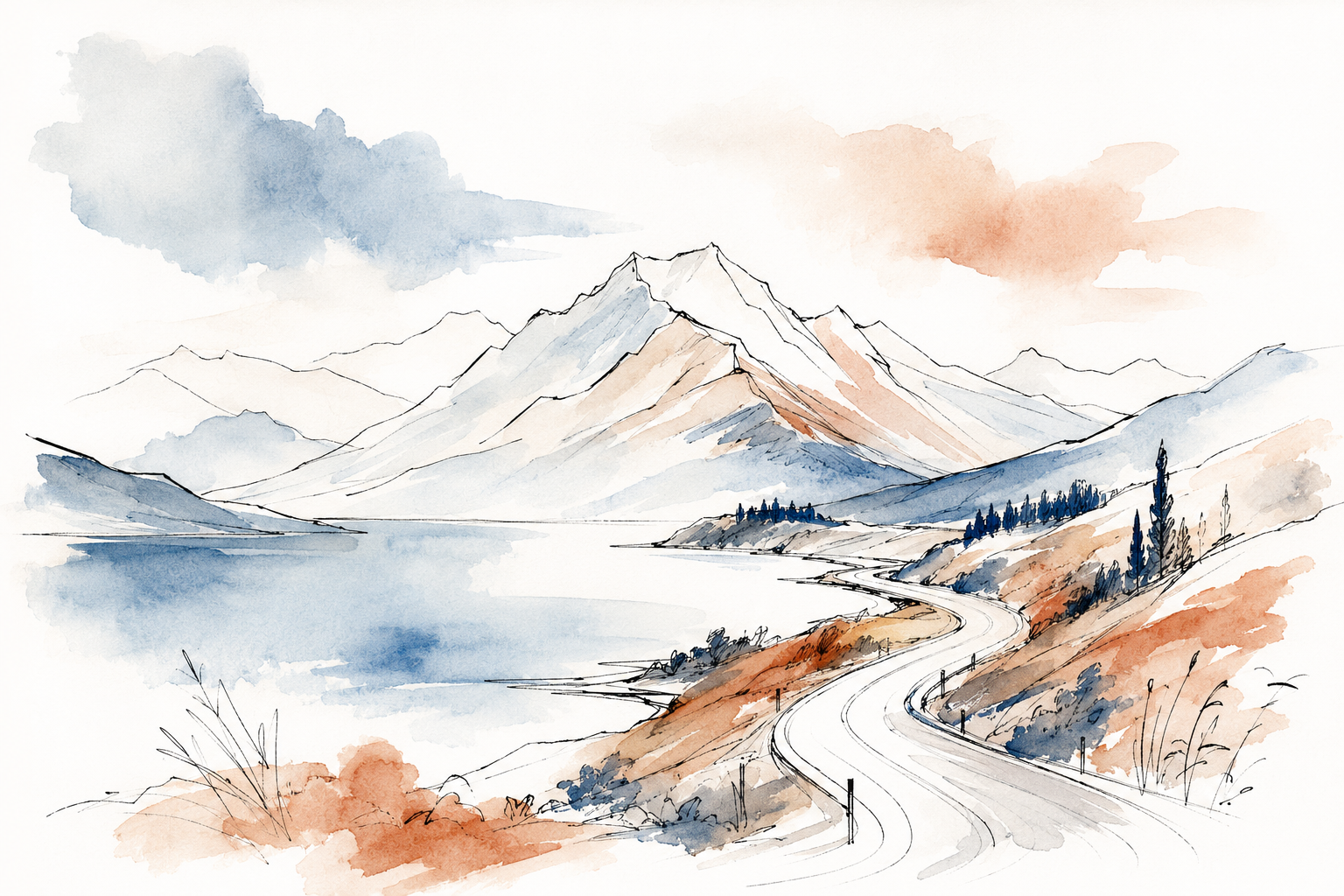 Watercolour illustration of New Zealand mountains and a lake